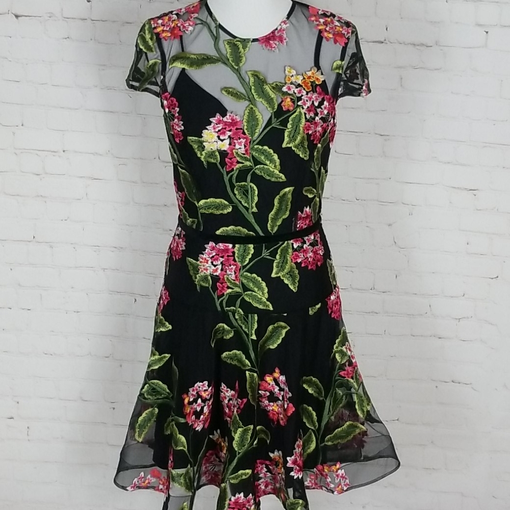 Floral Embroidered Black Midi Dress